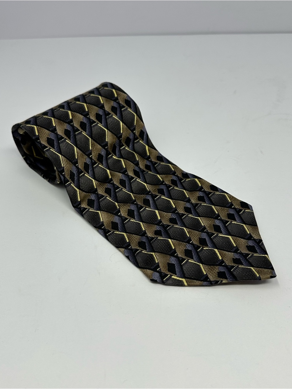 LOUIS ROTH Necktie Tie 100% Silk Geometric Print Brown Purple Y8